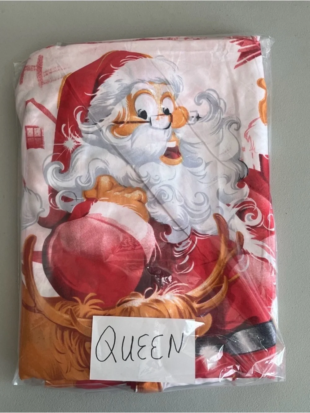 Handmade Queen Size Christmas Santa & Reindeer Holiday Duvet - Red